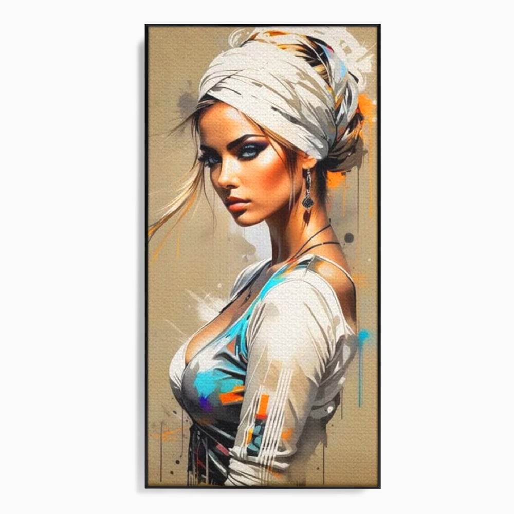 Tablou canvas cu tablou canvas cu portret de femeie, in rama de aluminiu negru